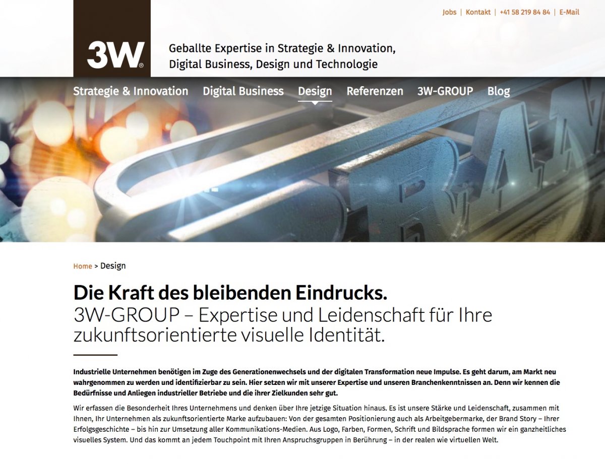 Website 3W-GROUP, Bereich Design, "Text plus Konzept"