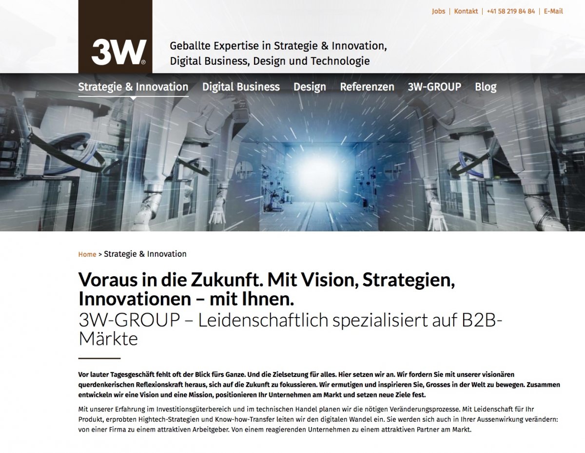 Website 3W-GROUP, Bereich Strategie und Innovation, "Text plus Konzept"