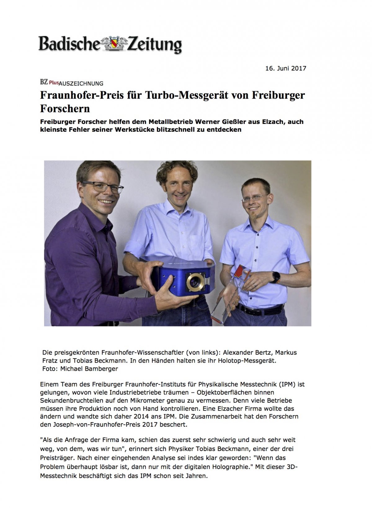 Bericht: Fraunhofer-Preis für 3D-Messgerät Seite 1