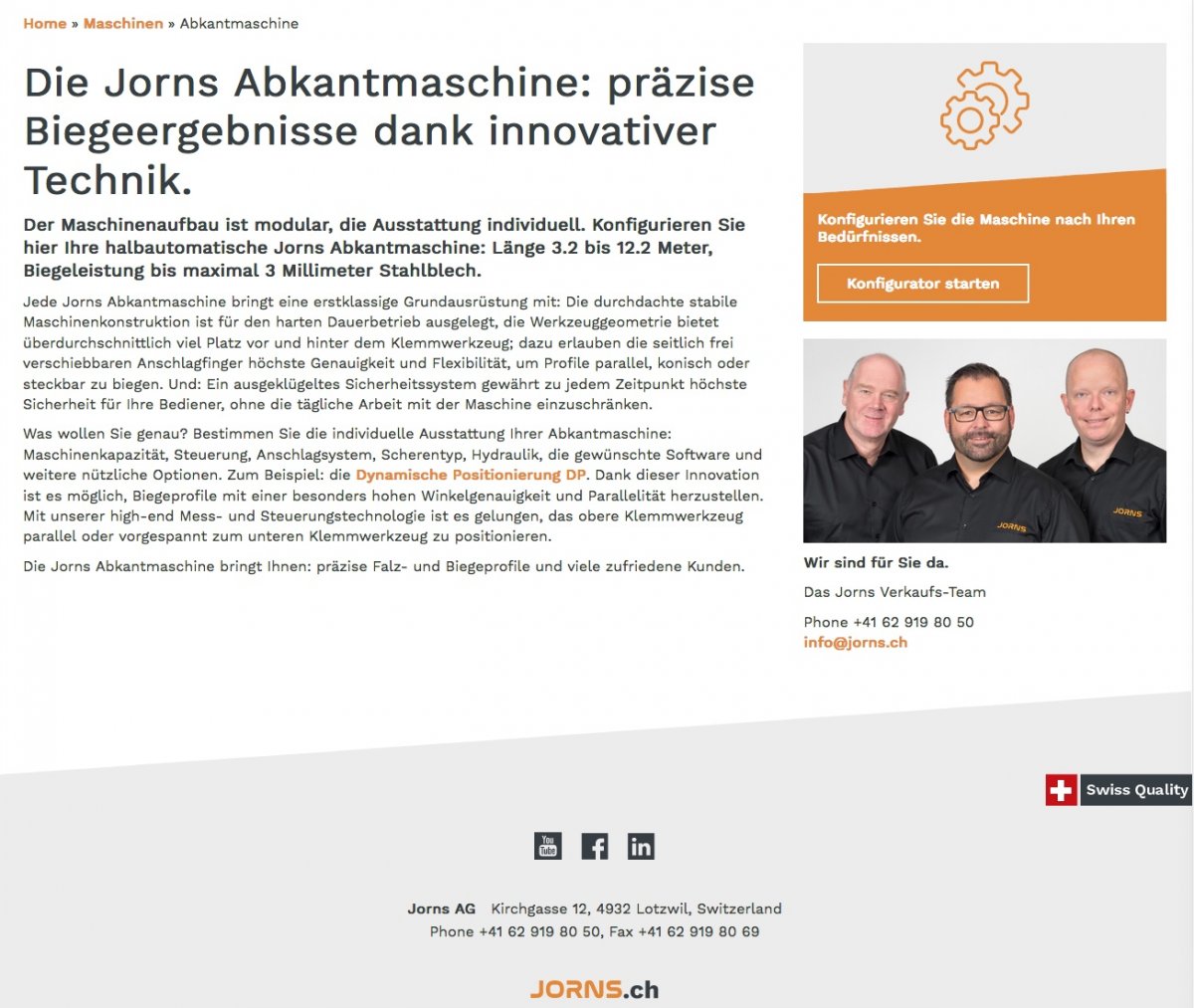 Landingpage für die Jorns AG, Abkantmaschine