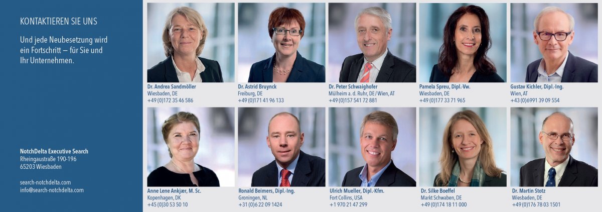 Unternehmensflyer, Rückseite mit Kontakt, NotchDelta Executive Search