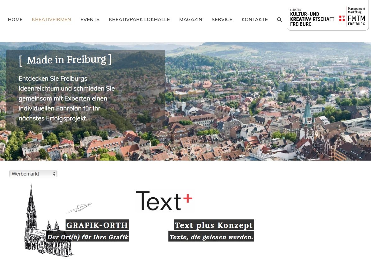 Text plus Konzept im neuen Portal der Freiburger Kreativwirtschaft