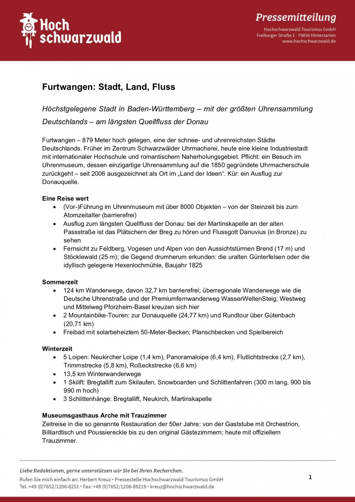 Pressemitteilung Hochschwarzwald Tourismus, Furtwangen, Seite 1