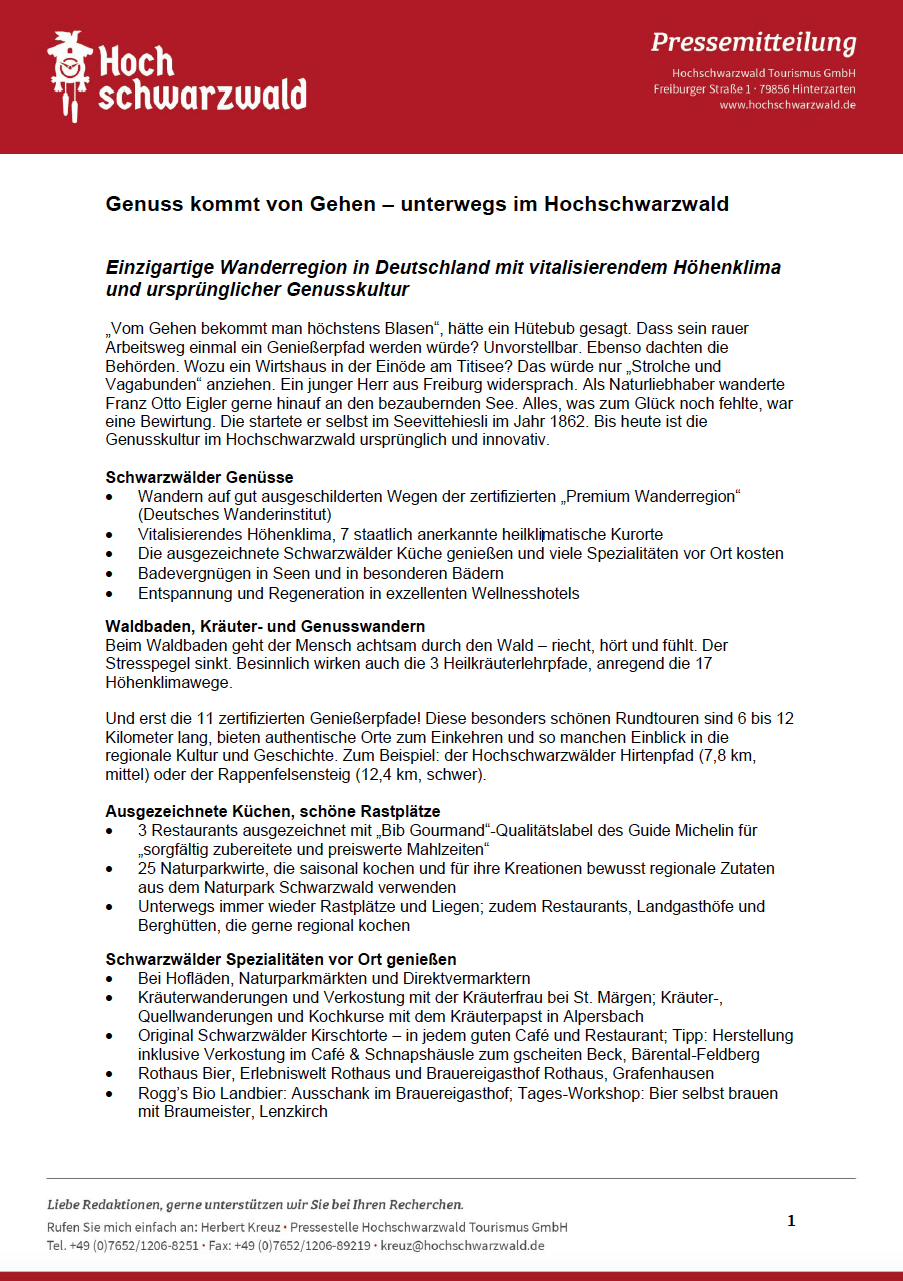 Pressetext Hochschwarzwald Tourismus, Thema Kulinarik und Genuss, Seite 1