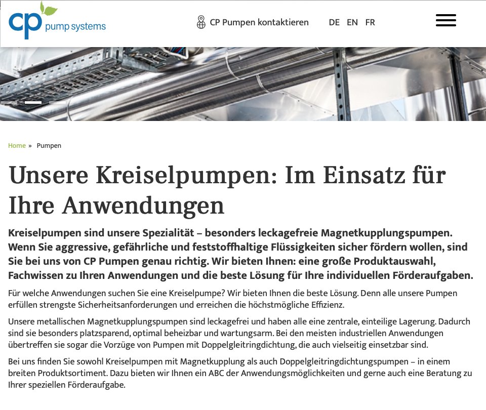 Unterseite Anwendungen, Website von CP Pumpen, Text: Ursula Thomas-Stein