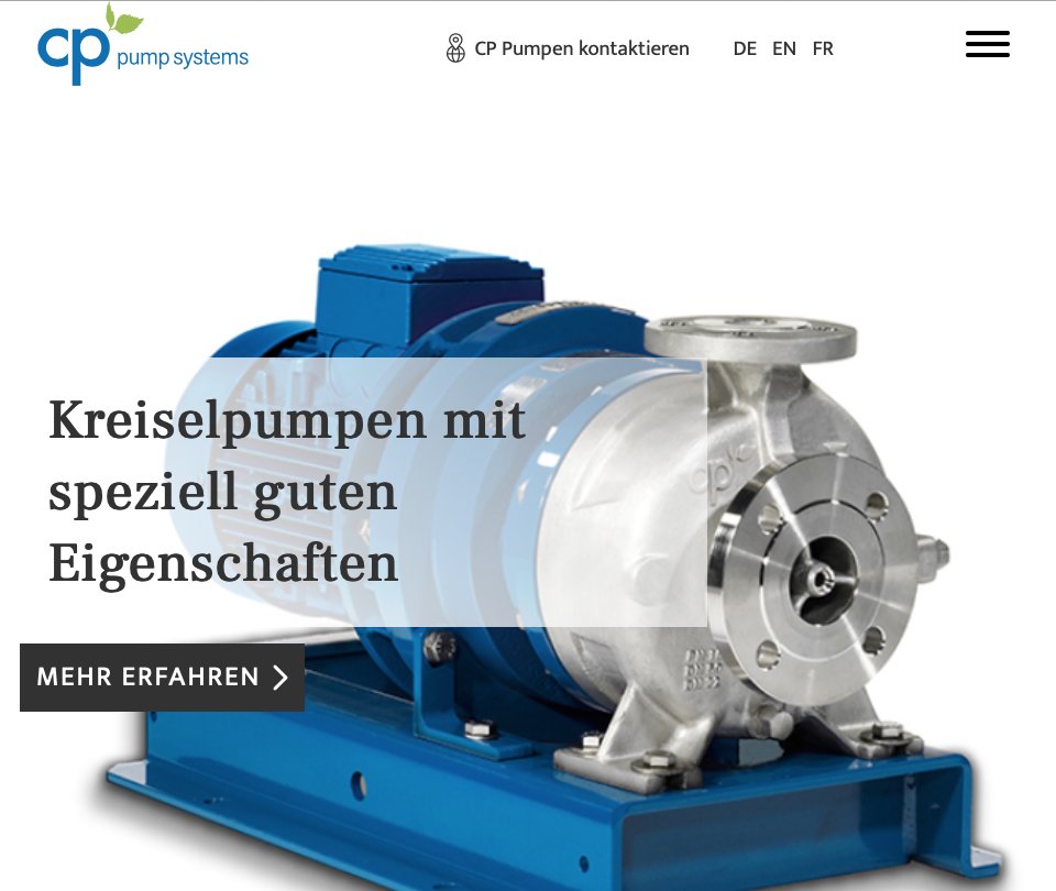 Titel mit Kreiselpumpe, Website von CP Pumpen, Text: Ursula Thomas-Stein