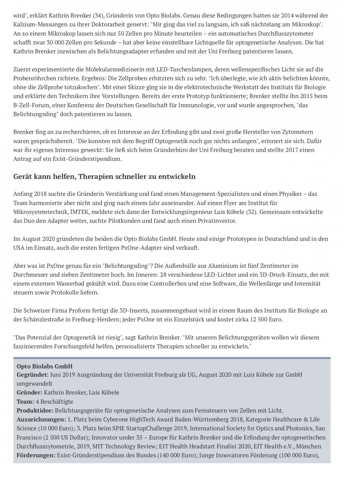 Unternehmensportrait: das Freiburger Unternehmen Opto Biolabs, 2