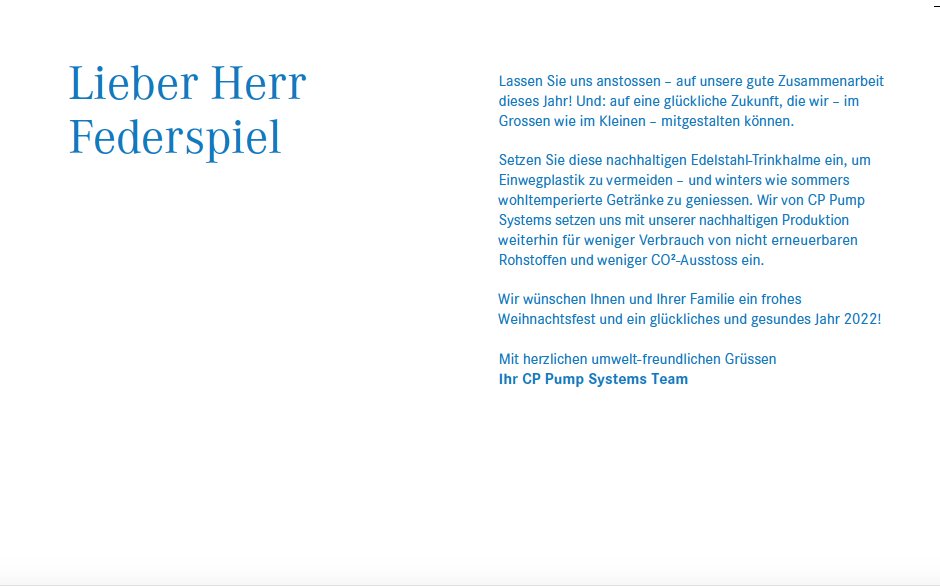 Weihnachtskarte für CP Pumpen, deutscher Text